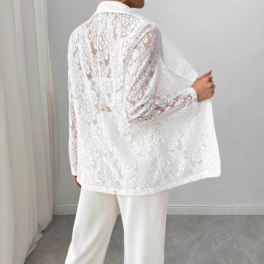 Lace Embroidery White Casual Blazer Women - Onouthati