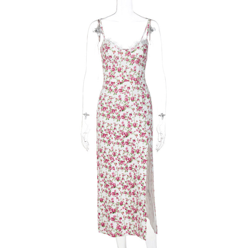 Lace Flowers Print Long Dress Sexy Fashion Slit Suspender Dress Summer Womens Clothing - Onouthati