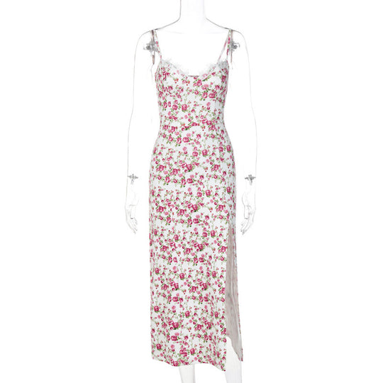Lace Flowers Print Long Dress Sexy Fashion Slit Suspender Dress Summer Womens Clothing - Onouthati