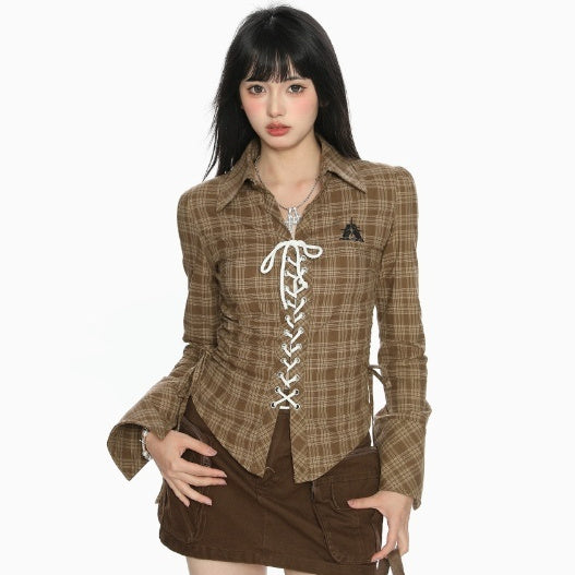 Plaid Cinched Drawstring Lace-up Shirt Women - Onouthati
