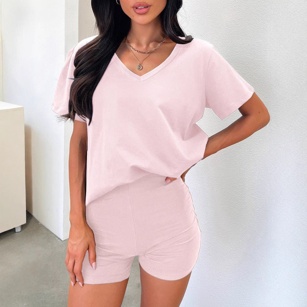 V-neck Fashion Solid Color Casual Fashion Shorts Suit Women - Onouthati