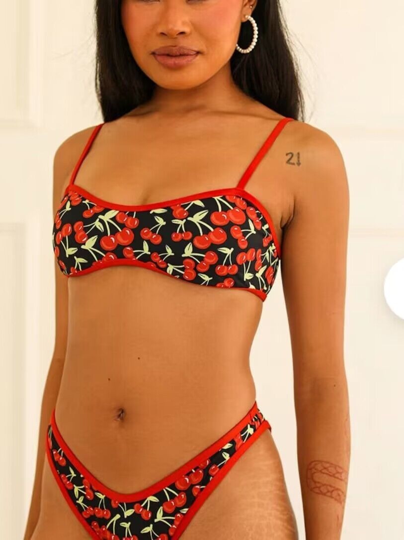 New Cherry Print Tube Top Bikini Swimsuit For Women