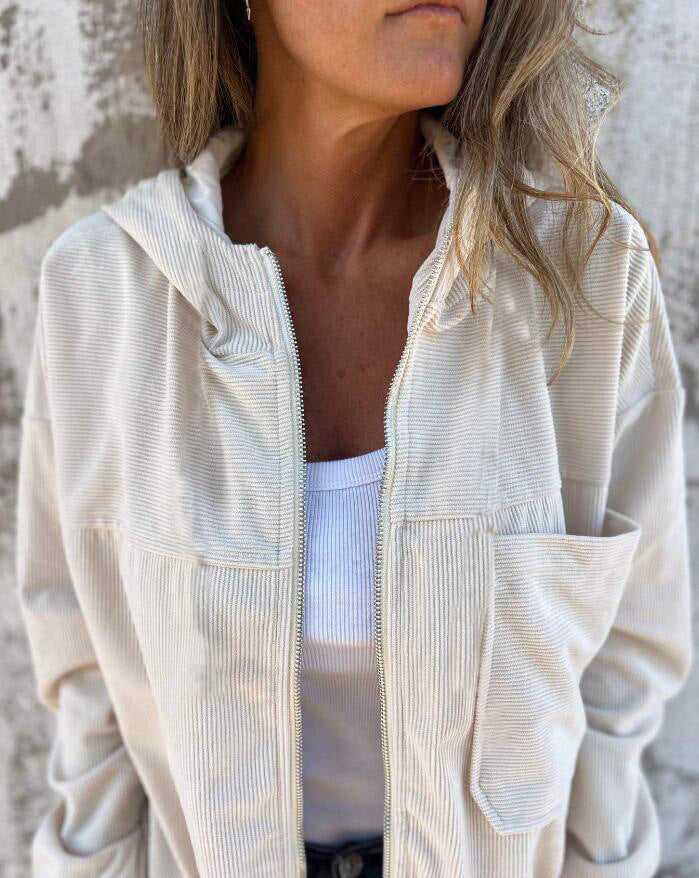 Women's Solid Color Simple Corduroy Hooded Jacket - Onouthati