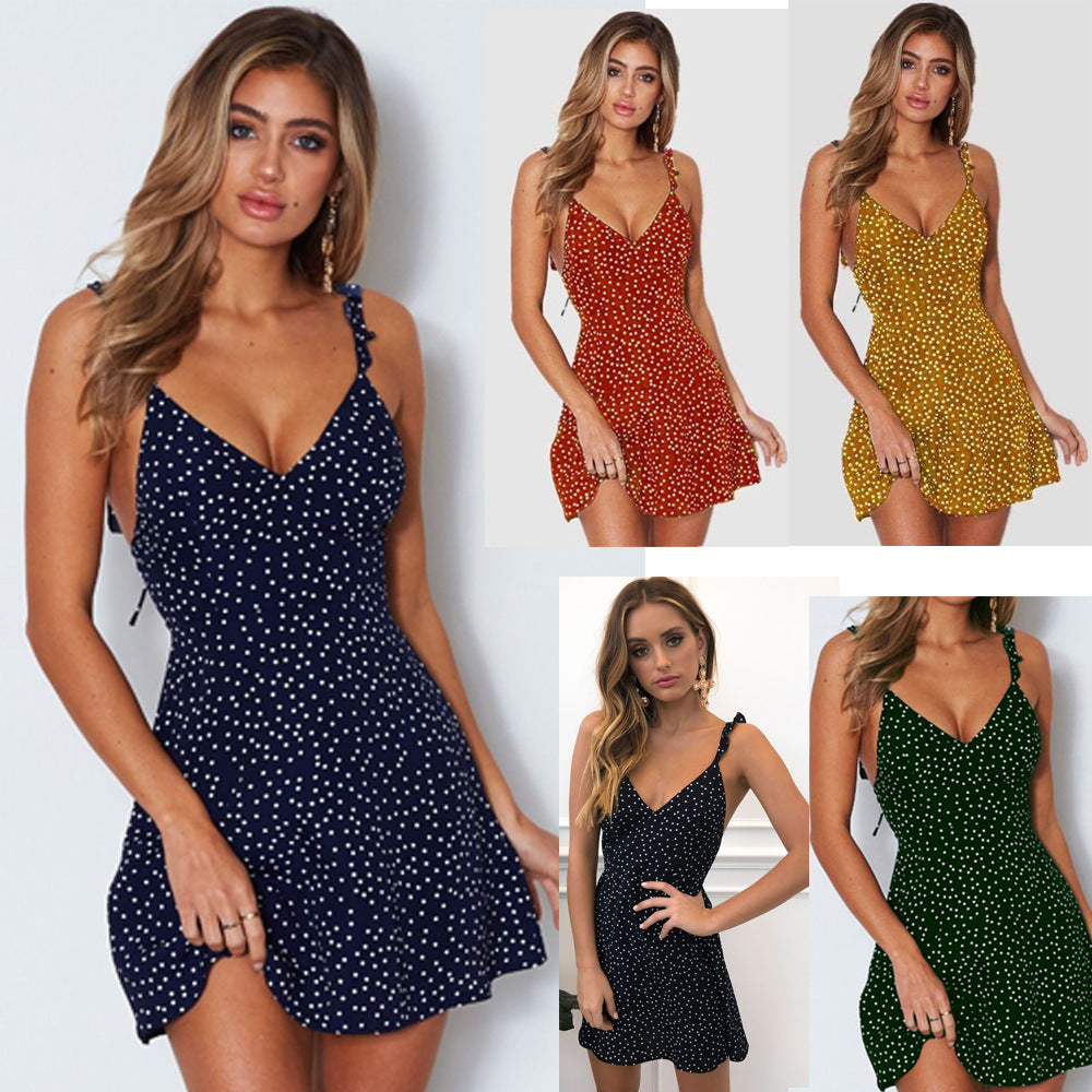 Polka-dot Strappy Dress Women Summer Fashion Beach Sundress - Onouthati