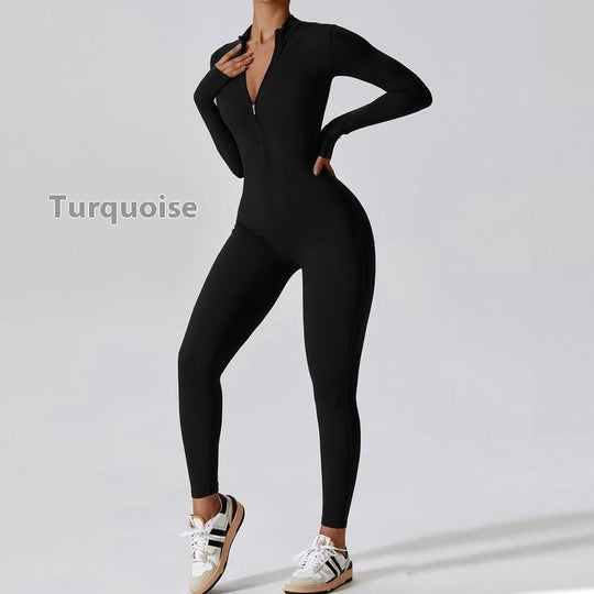 Zipper Long Sleeve Jumpsuit Yoga Fitness Training Pants Tight Hip Seamless Sports Jumpsuit For Women Clothing - Onouthati
