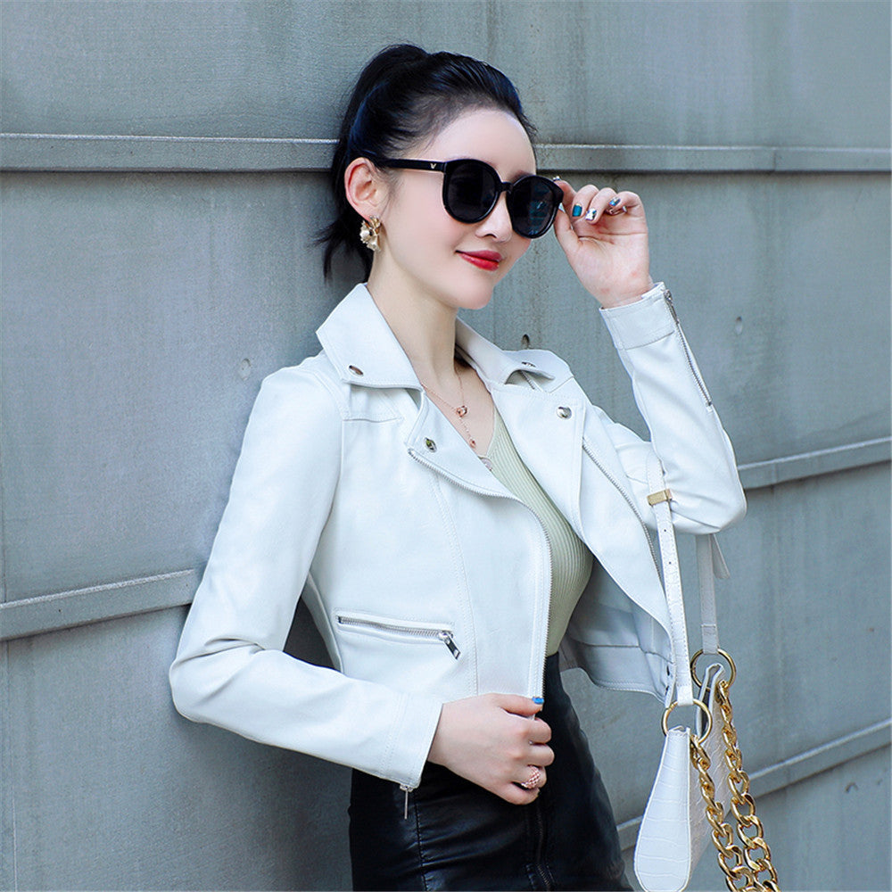 Motorcycle Leather Women's Short Slim Fit Plus Size Washed Leather Jacket - Onouthati