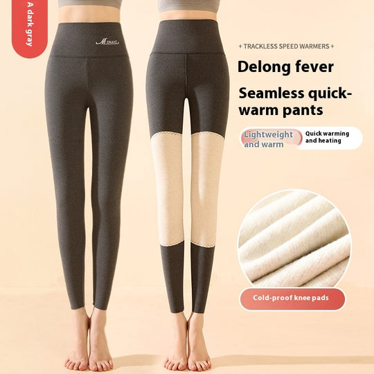 Winter High Waist Knee-pad Leggings Fashion Warm Double-sided Frosted Pants Solid Slim Trousers Women Clothing - Onouthati