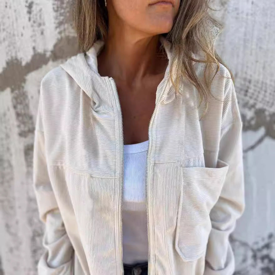 Women's Solid Color Simple Corduroy Hooded Jacket - Onouthati