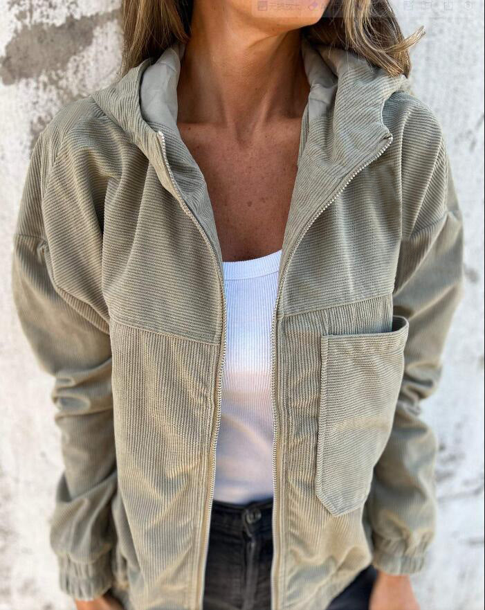 Women's Solid Color Simple Corduroy Hooded Jacket - Onouthati
