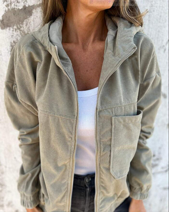 Women's Solid Color Simple Corduroy Hooded Jacket - Onouthati
