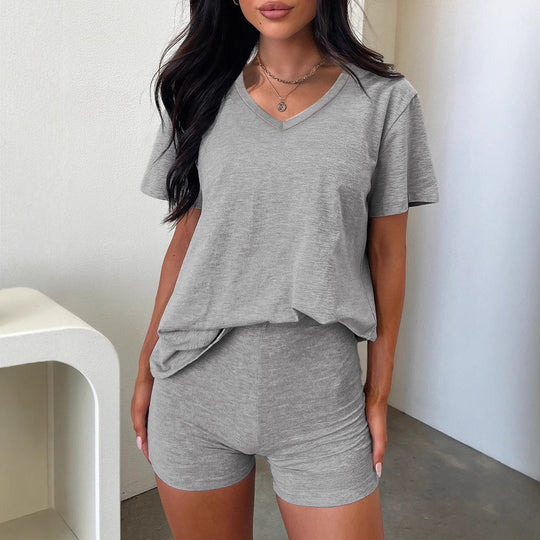 V-neck Fashion Solid Color Casual Fashion Shorts Suit Women - Onouthati