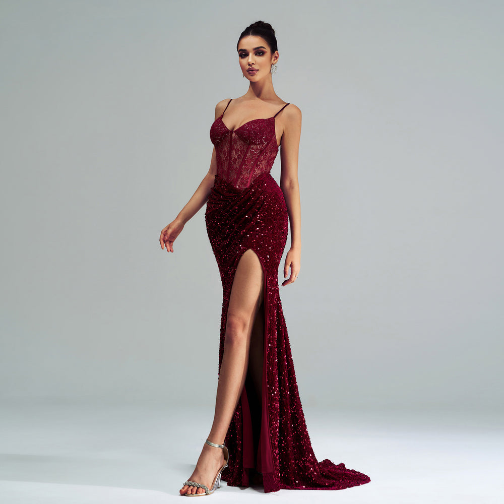 Spaghetti Straps Sleeveless Sequined High Slit Evening Dress - Onouthati