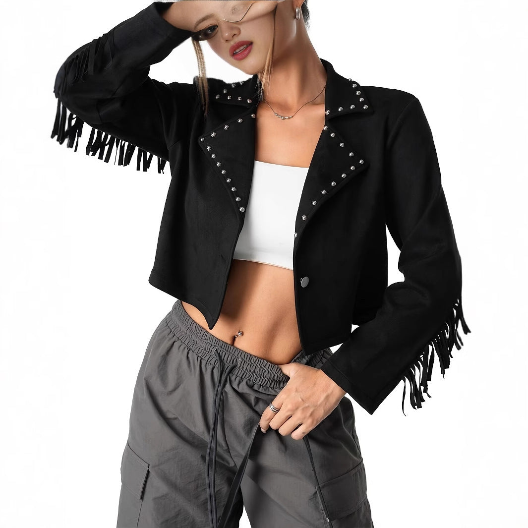 Western Denim Style Suede Fringe Imitation Rivet Women's Short Jacket - Onouthati