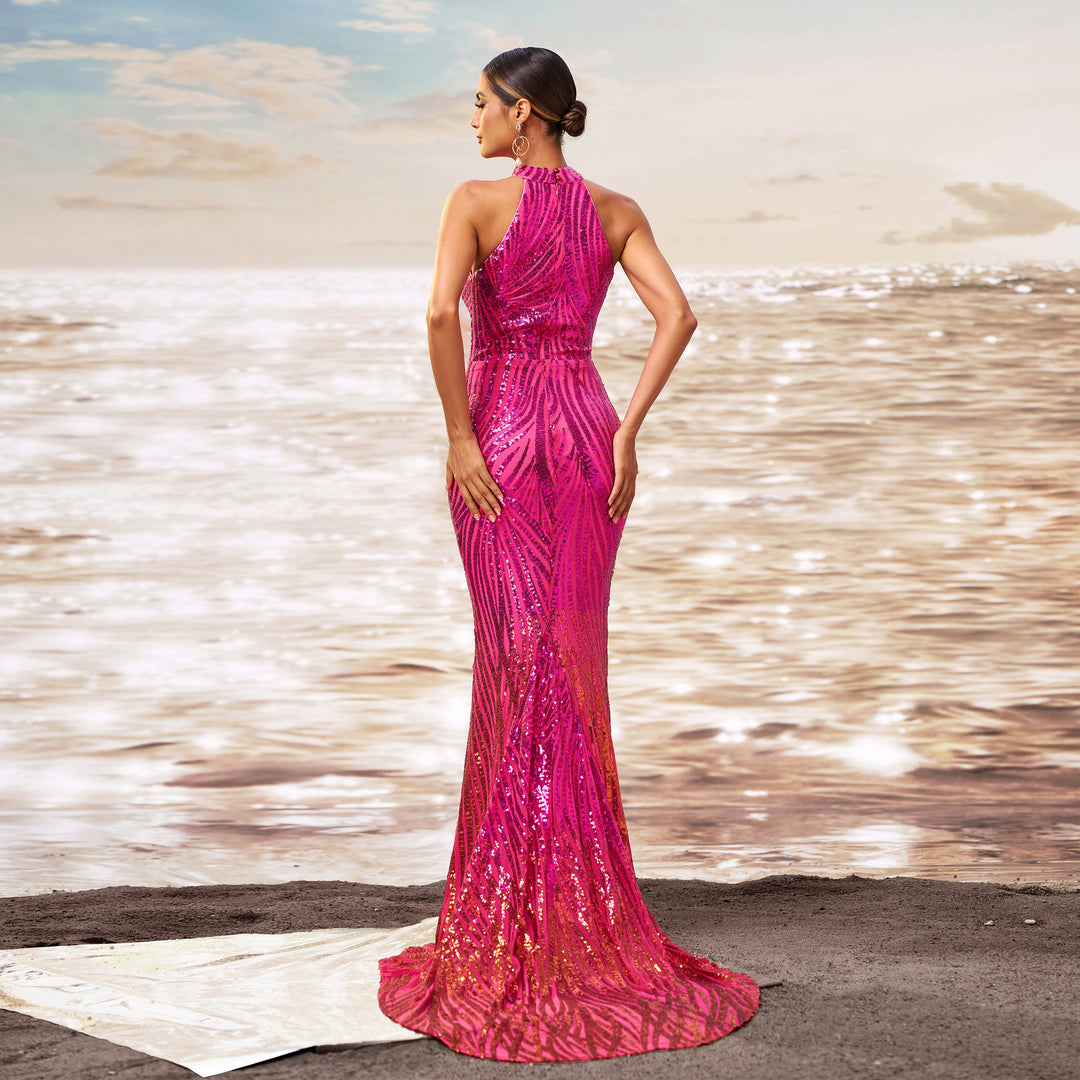 Round Neck Off-the-shoulder Slim-fit Sheath Sequined Banquet Fishtail Evening Dress - Onouthati
