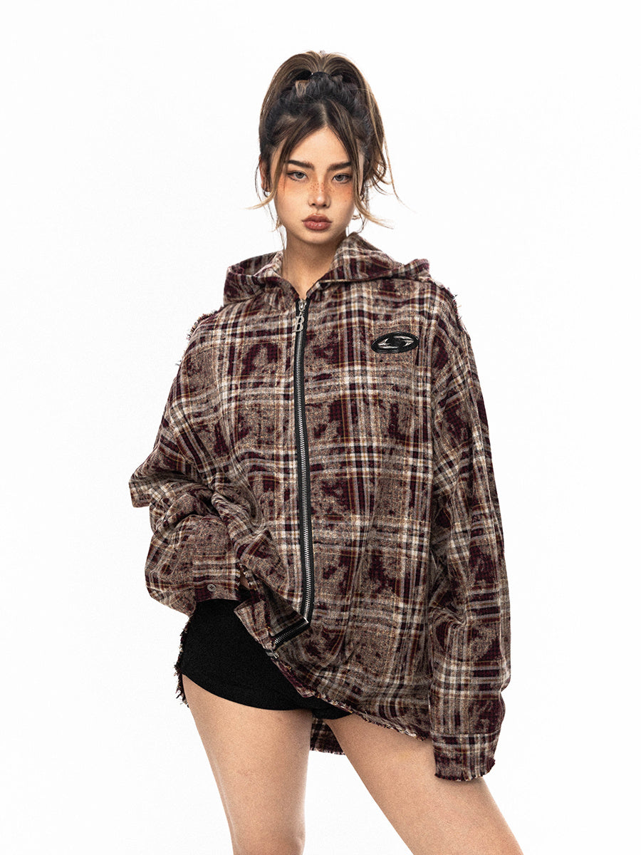 Retro Plaid Hooded Zip Jacket - Onouthati