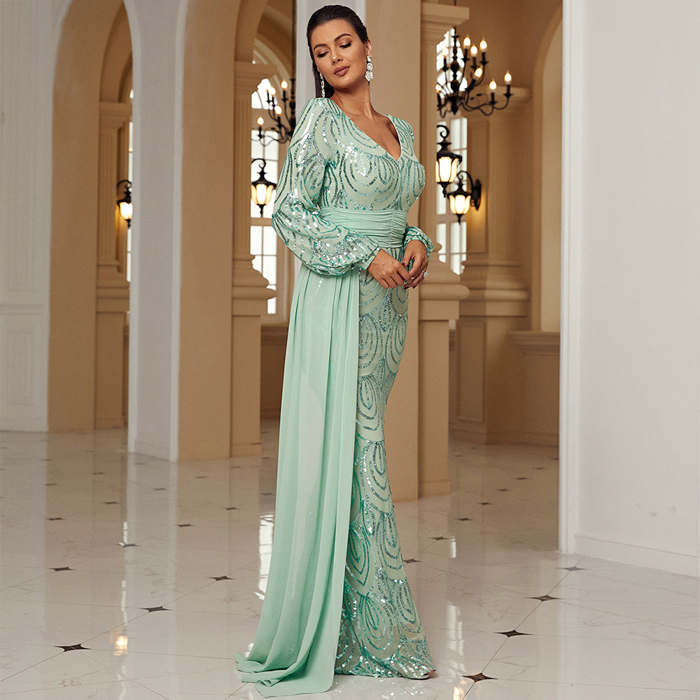 Long Sleeve Sexy Long Sequined V-neck Banquet Ribbon Evening Dress - Onouthati