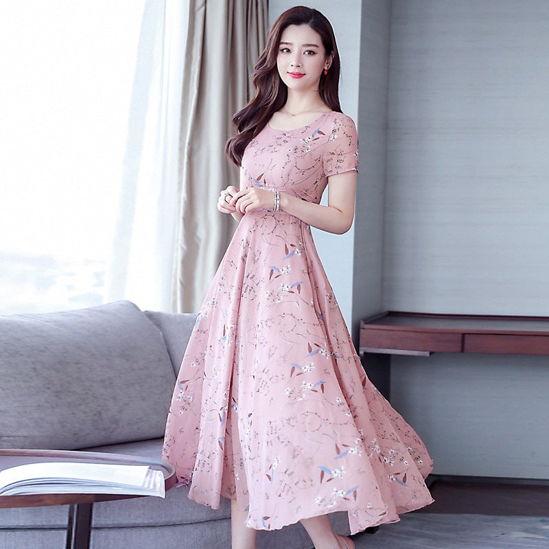 Middle-aged Ice Silk Large Swing Dress Elegant Floral Slimming Long Dress Women - Onouthati