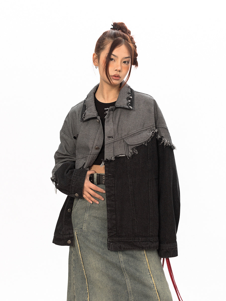 Stitching Design Contrast Color Damage Denim Coat - Onouthati