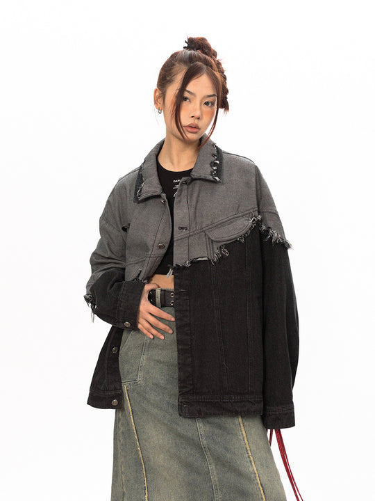 Stitching Design Contrast Color Damage Denim Coat - Onouthati
