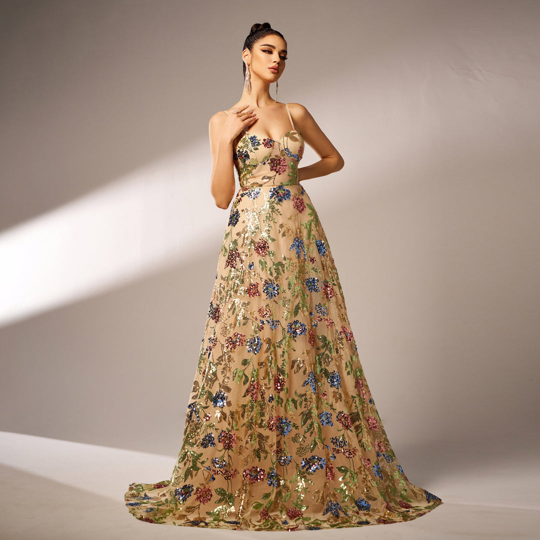 Elegant Sleeveless Sequined Suspender Evening Dress - Onouthati