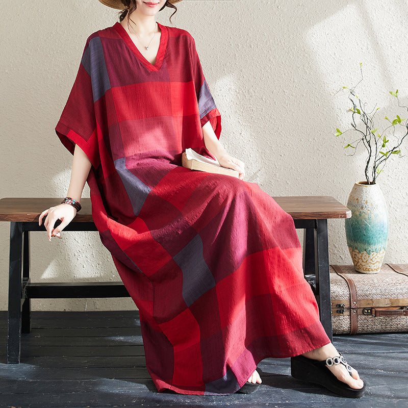Ethnic Style V-neck Printed Striped Dress Women - Onouthati