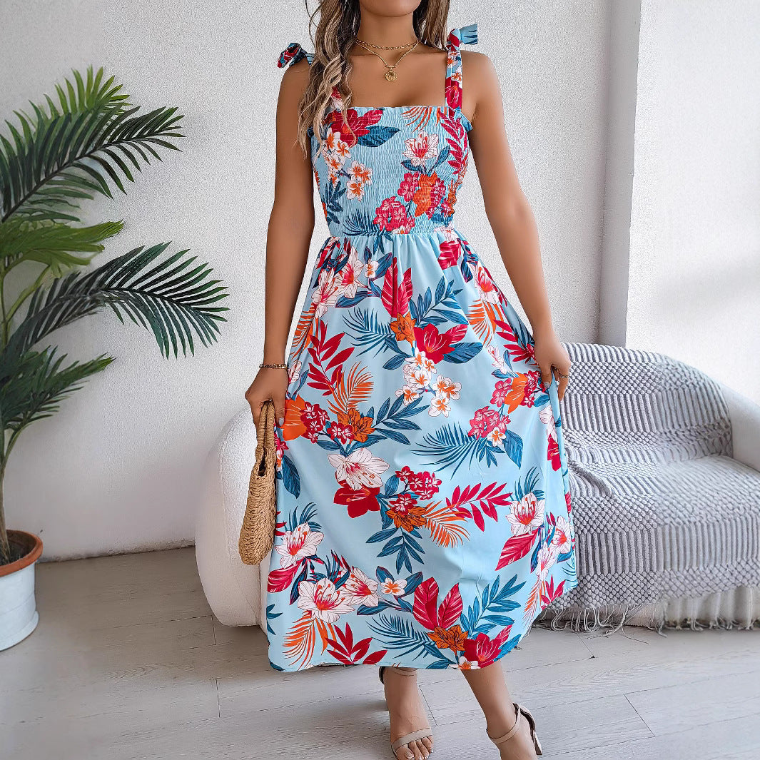 Flowers Print Suspender Corset Dress Ins Fashion Holiday Beach Long Dresses Summer Clothing For Women - Onouthati
