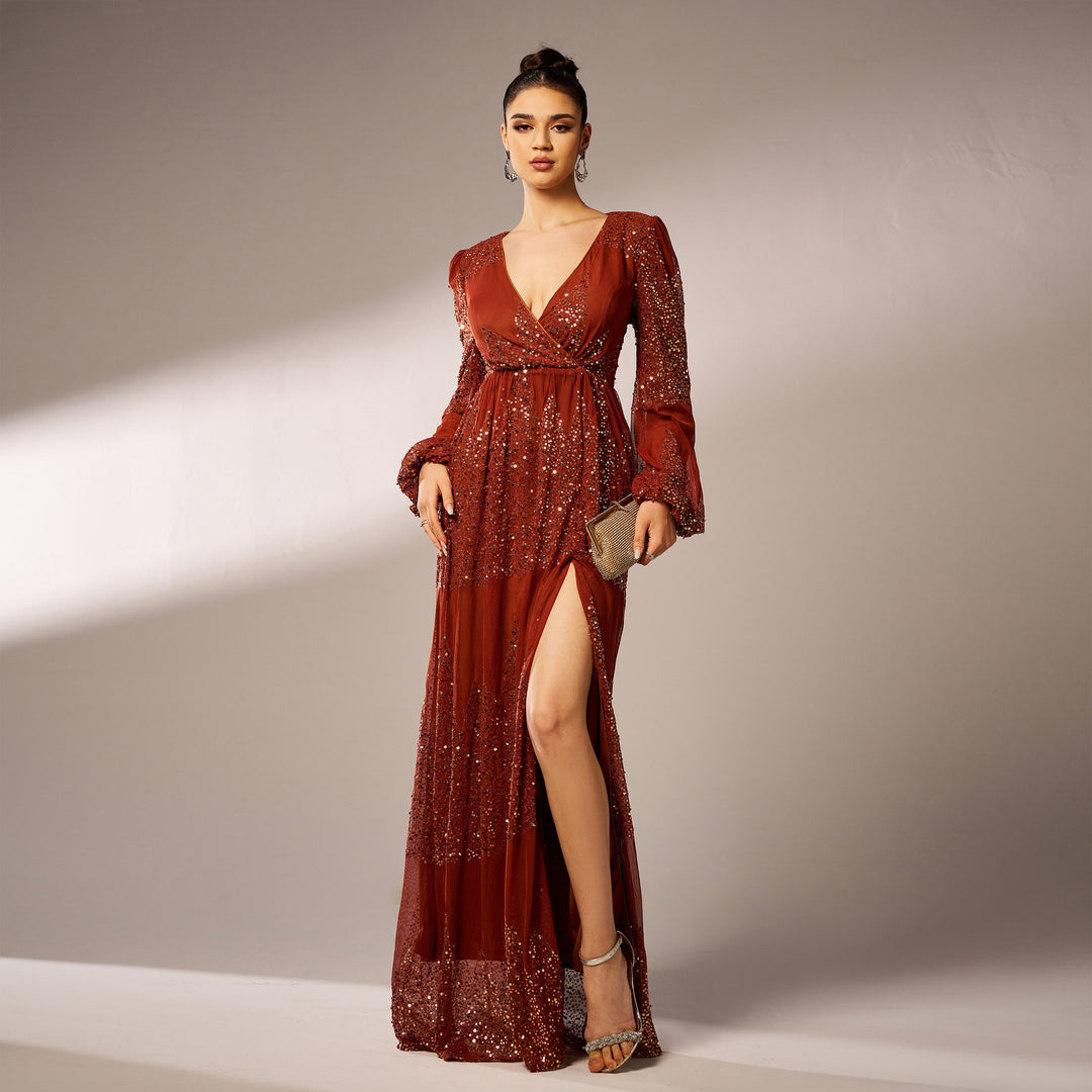 Long Sleeve V-neck Sexy Long Sequined Evening Dress - Onouthati