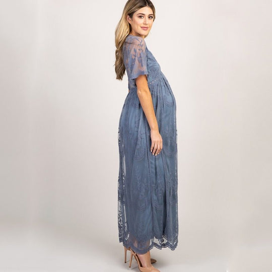 Maternity Dresses for Photo Shoot Summer V Neck White Lace Short Sleeve Pregnancy Dress Pregnant Women Photography Maxi Dress - Onouthati