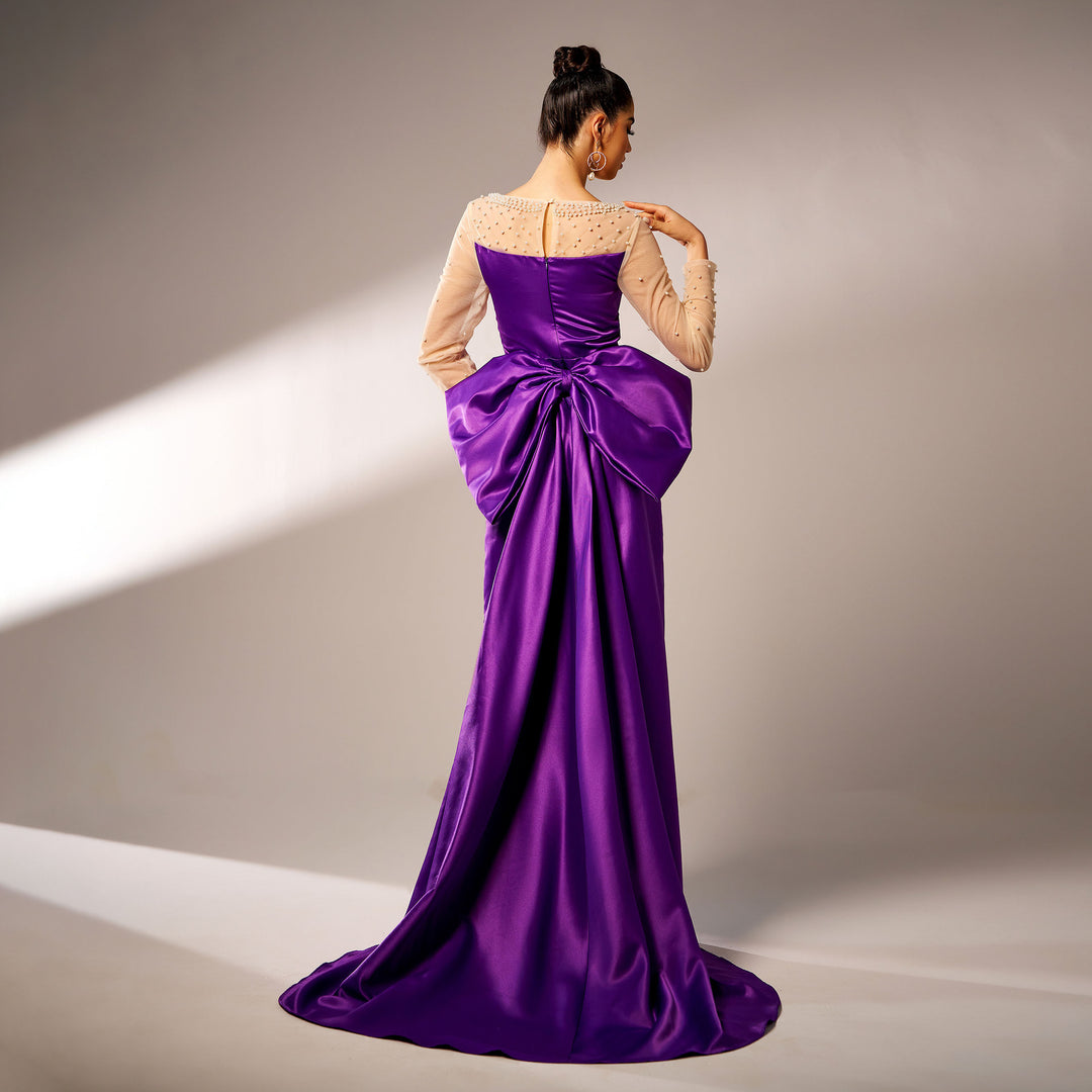 Long Sleeve Round Neck Party Beaded Big Bow Evening Dress - Onouthati