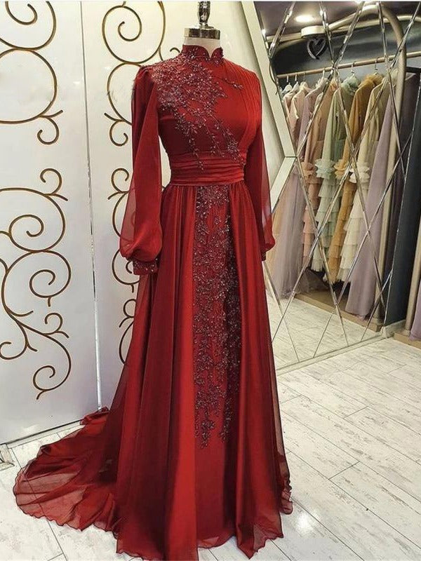 Stand Collar Luxury Long Sleeve Evening Dress - Onouthati