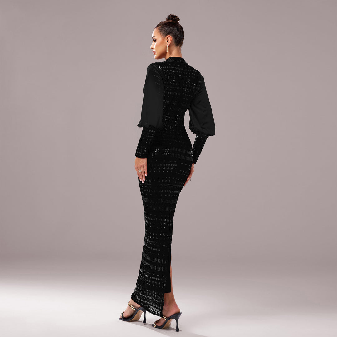 Long Sleeve Round Neck Sequins Slit Evening Dress - Onouthati
