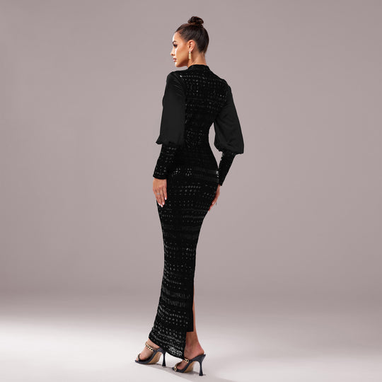 Long Sleeve Round Neck Sequins Slit Evening Dress - Onouthati