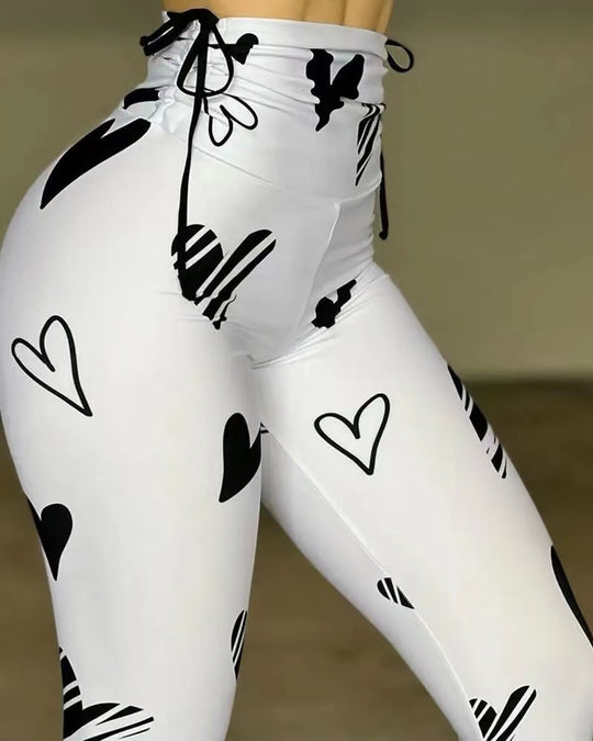 Drawstring Heart Print Yoga Sports Hip-hop Fitness Leggings - Onouthati