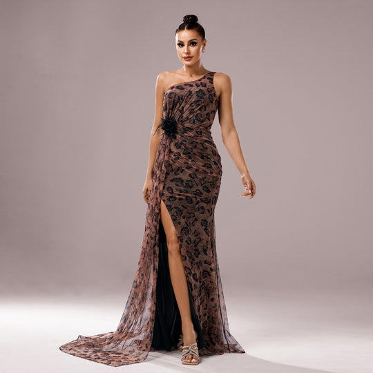One-shoulder Diagonal Collar Leopard Sequined Evening Dress - Onouthati