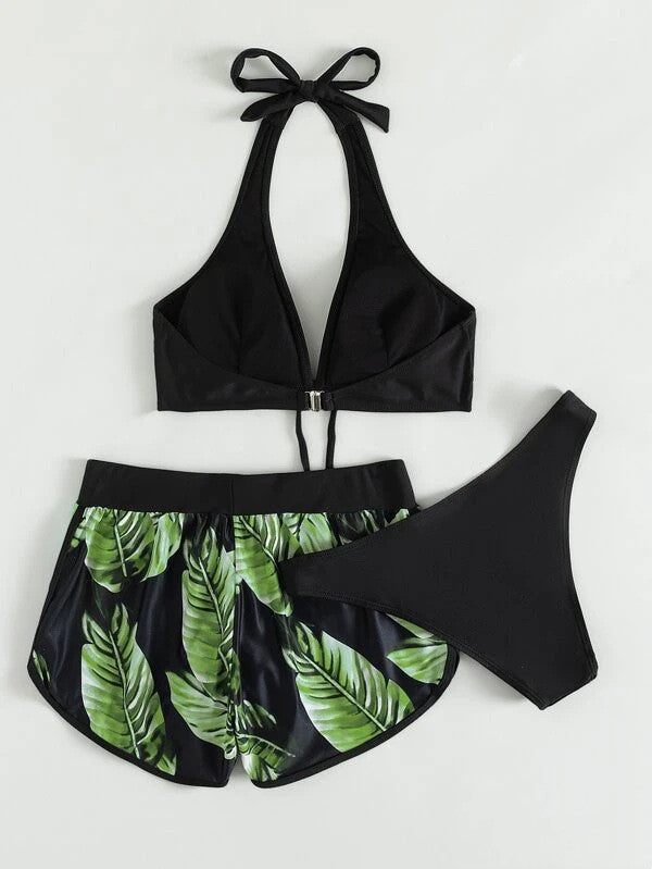 3pcs Leaf Print Bikini With Shorts Fashion Summer Beach Swimsuit Womens Clothing - Onouthati