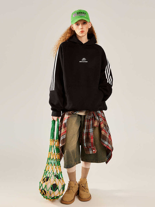 Retro Sports Raglan Striped Hooded Sweater For Women - Onouthati
