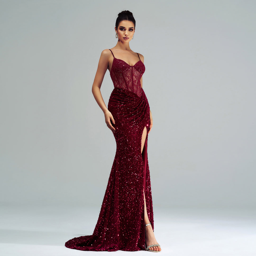 Spaghetti Straps Sleeveless Sequined High Slit Evening Dress - Onouthati