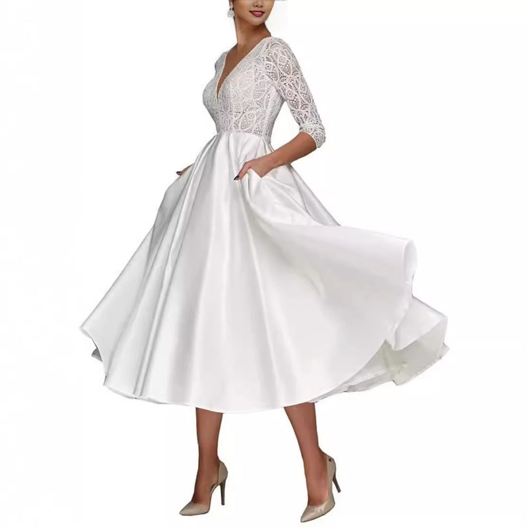 Bridal Deep V-neck Slim Lace Mid-length Long Sleeve Wedding Dress - Onouthati