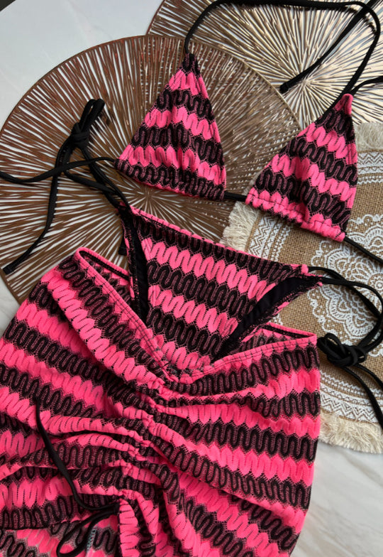 Knitting Bikini Skirt Three-piece Set Bikini Striped Swimsuit Bikini Women Swimw - Onouthati