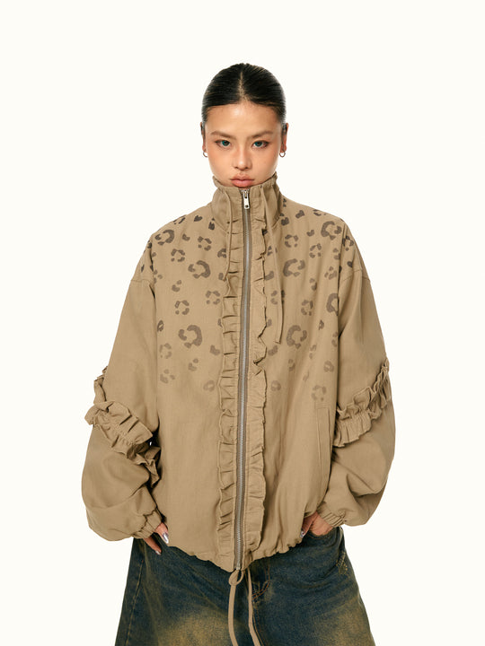 American Retro Stringy Selvedge Stand Collar Leopard Print Coat - Onouthati