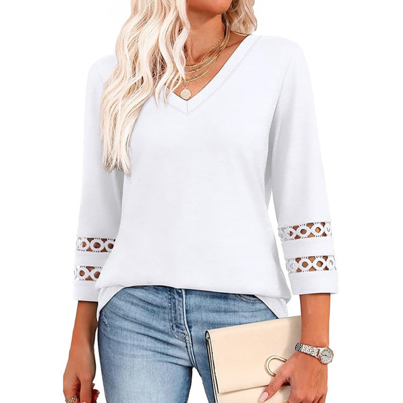Solid Color Loose V-neck 34 Sleeves Women - Onouthati