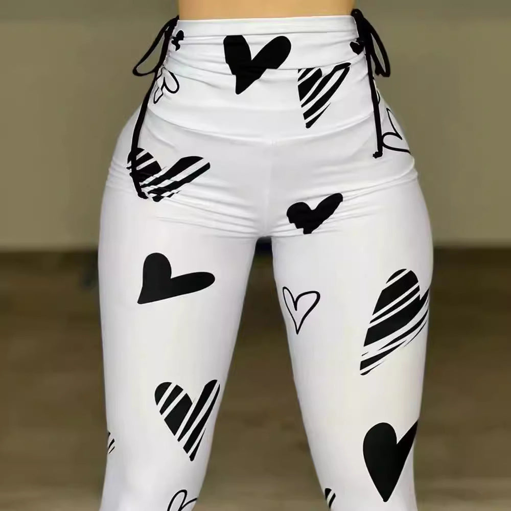 Drawstring Heart Print Yoga Sports Hip-hop Fitness Leggings - Onouthati