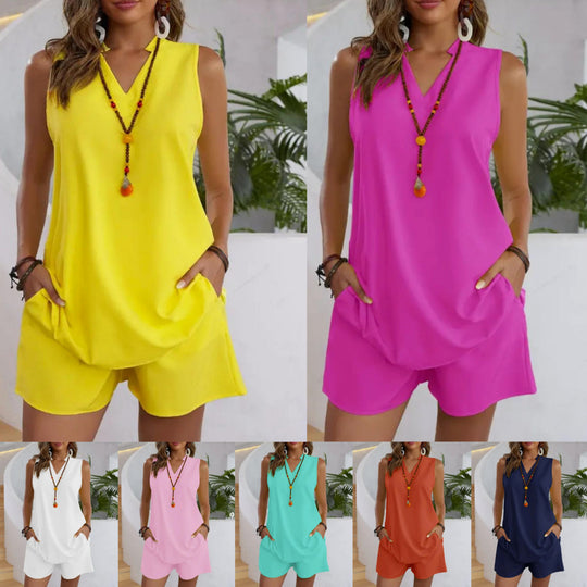 Solid Color Sleeveless Casual Top Loose Shorts Suit Women - Onouthati