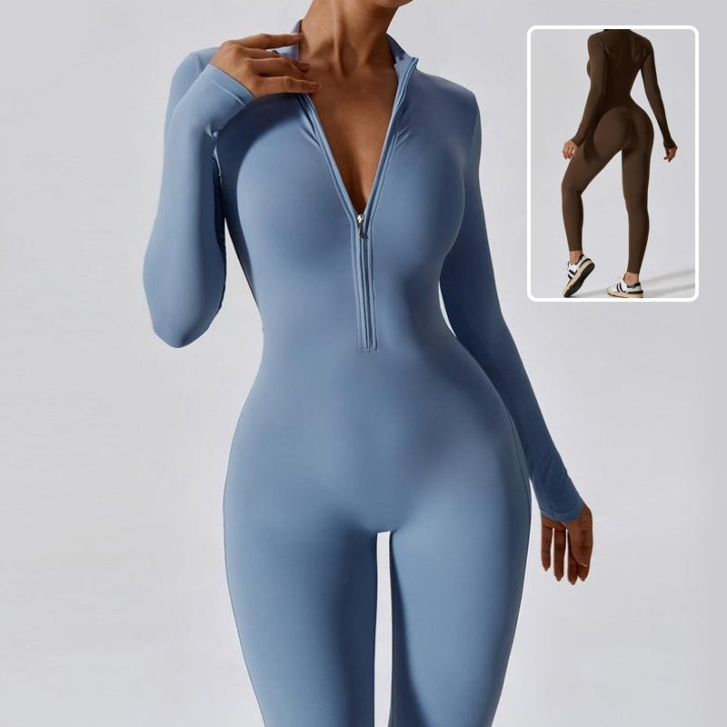 Zipper Long Sleeve Jumpsuit Yoga Fitness Training Pants Tight Hip Seamless Sports Jumpsuit For Women Clothing - Onouthati
