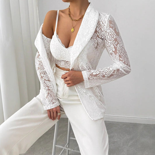 Lace Embroidery White Casual Blazer Women - Onouthati