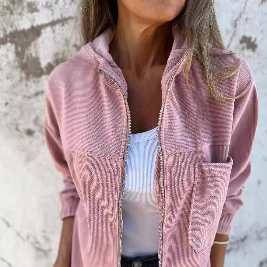 Women's Solid Color Simple Corduroy Hooded Jacket - Onouthati