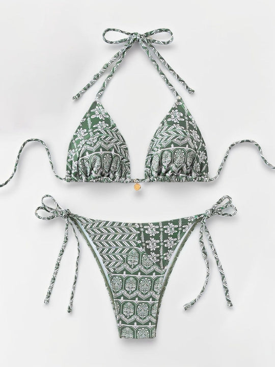 Women Printed Lace-up Bikini Split Swimsuit Swimwear - Onouthati
