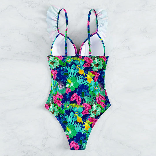 Bikini Ruffled Printed Backless One Piece Swimsuit Women - Onouthati