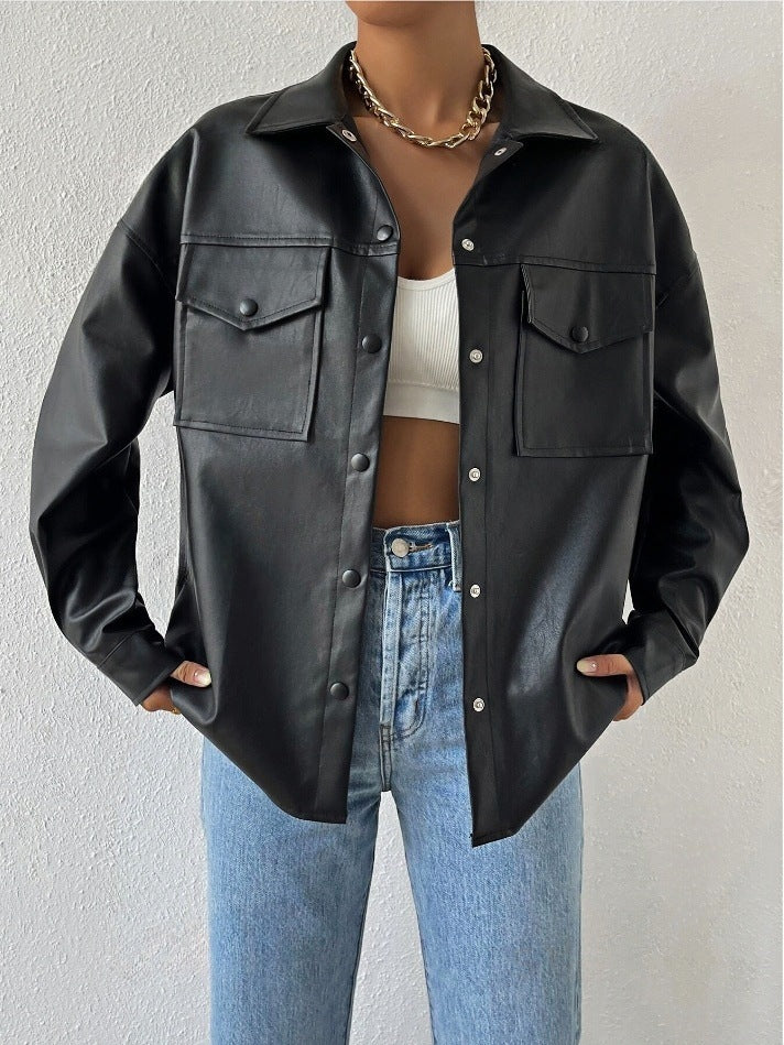 Single-breasted Solid Color Pocket PU Fashion Casual Jacket Top - Onouthati