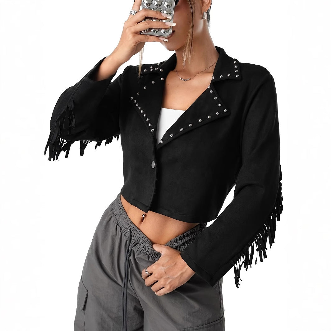 Western Denim Style Suede Fringe Imitation Rivet Women's Short Jacket - Onouthati